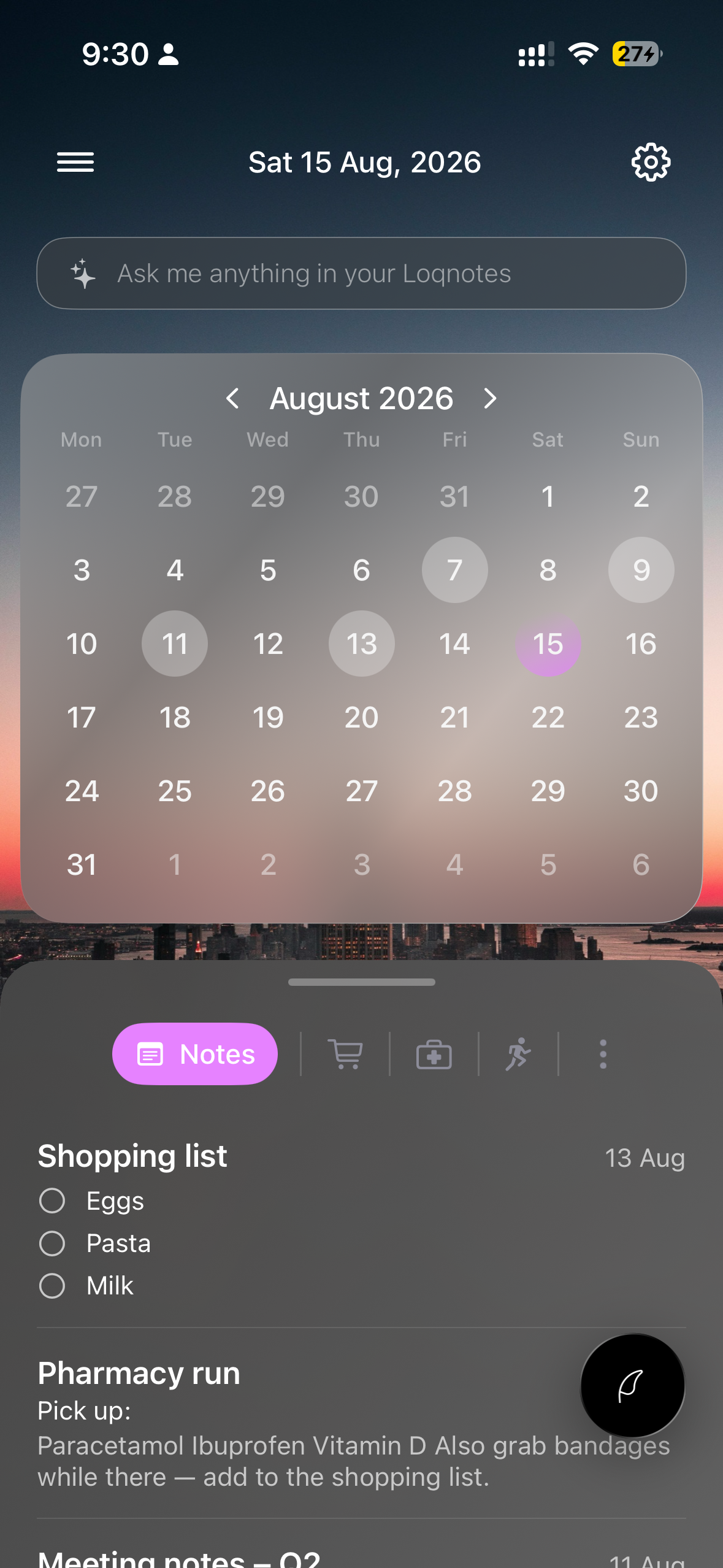 Loqnotes calendar screen
